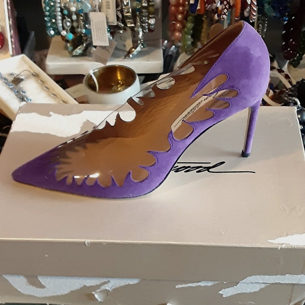 BRIAN ATWOOD PURPLE SUEDE LUCITE SHOES EURO 37 WOMANS HEELS - Picture 1 of 6